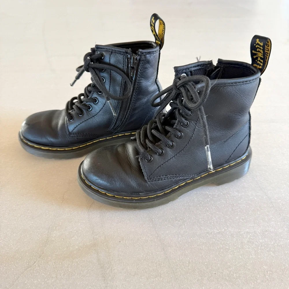 Dr. Martens Kids Black Leather Lace-Up Boots Size 12 Side Zip